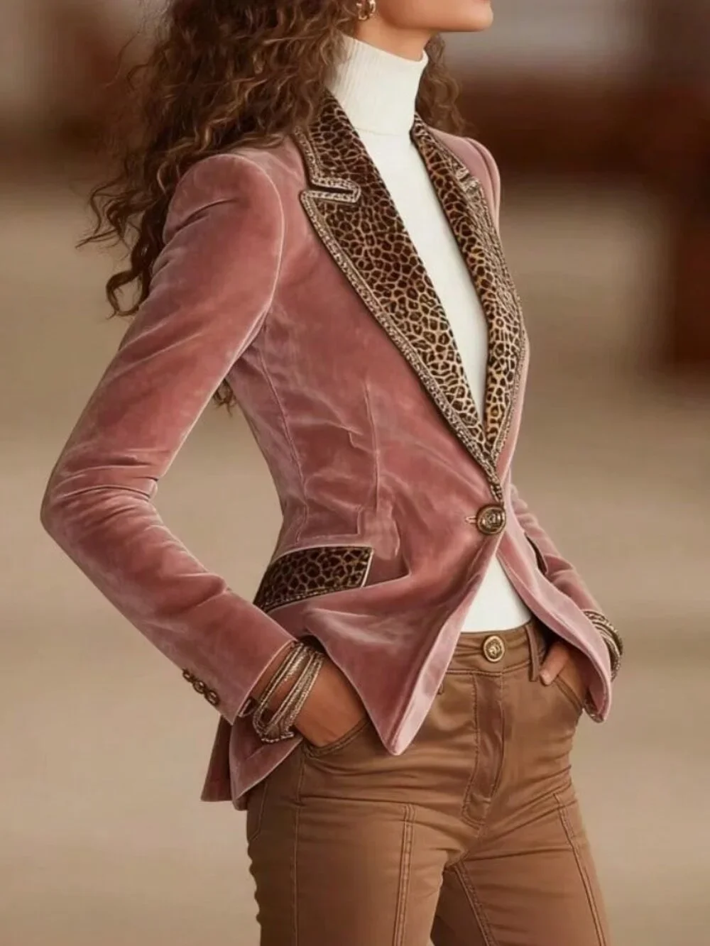 Pink Elegant Velvet Women's Blazer with Long Sleeves, Leopard Lapel - Picture 5 of 5